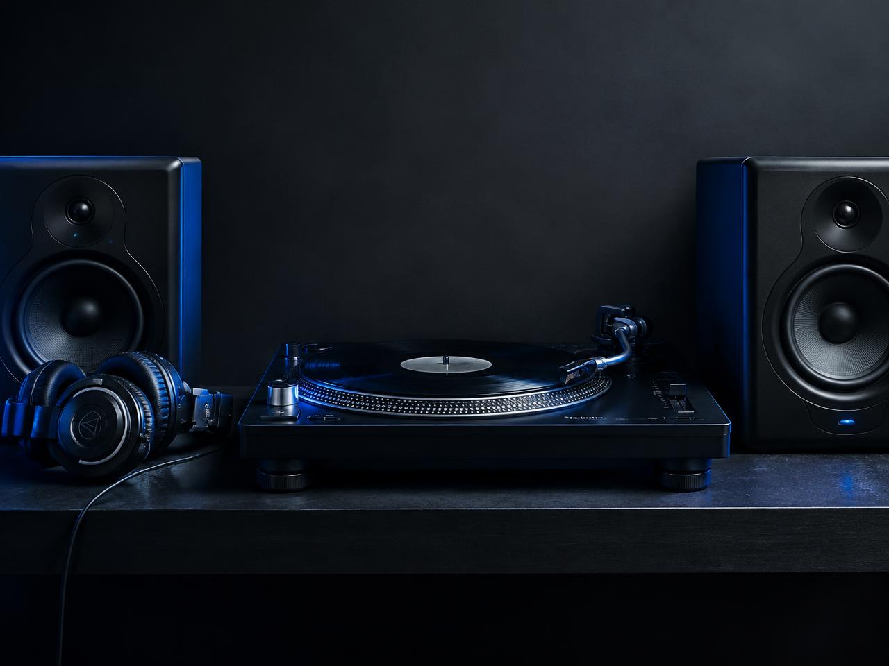 Turntable, studio monitors and DJ headphones